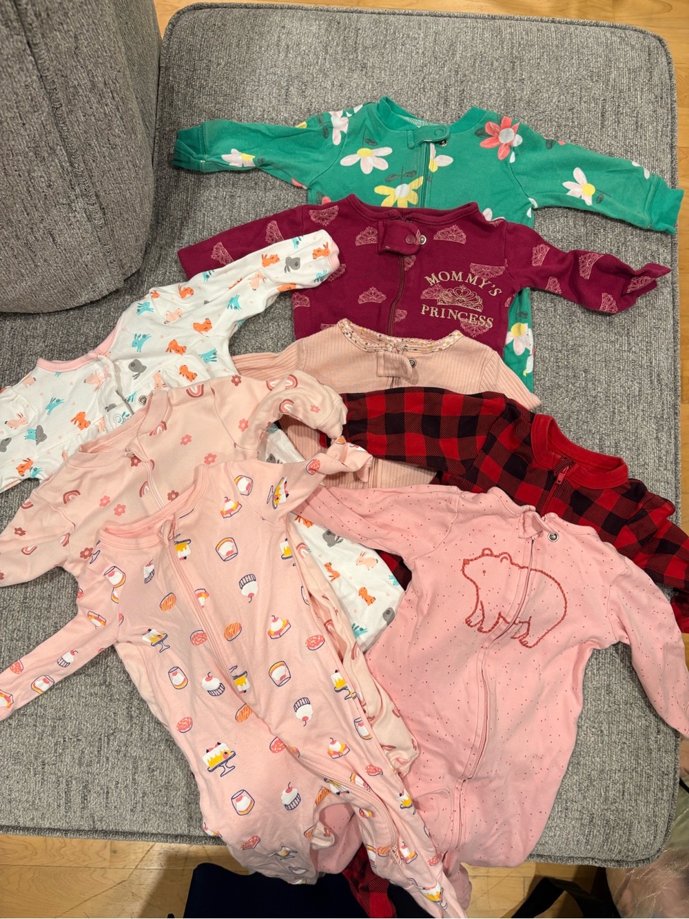 8 Baby Girls Mixed Sleep and Play One-Piece Bundle in Pink, Green, Red